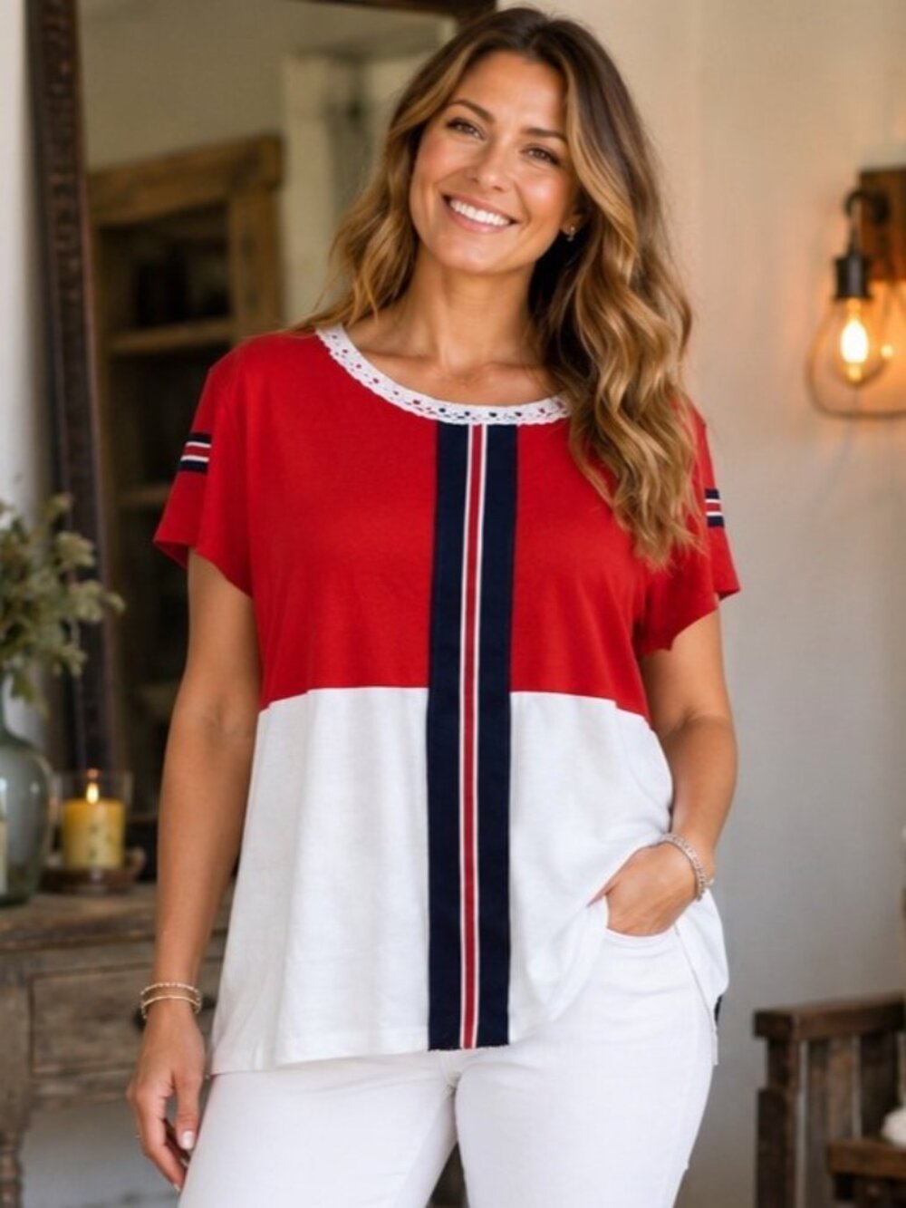 Upcycled  SZ XL T-Shirt Reworked Red White Colorblock Sporty Racing Stripe Lace